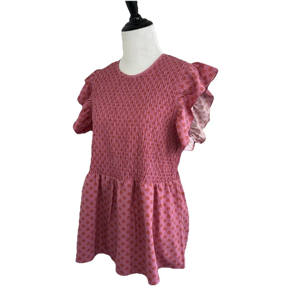 Michelle McDowell Smocked Flutter-Sleeve Pink Blouse Medium - Picture 3 of 9
